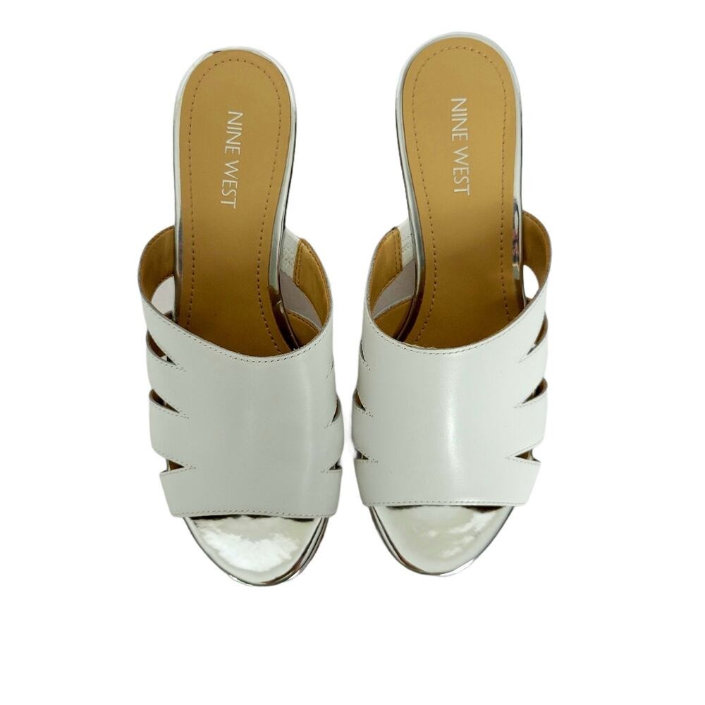 Nine West Womens White Leather Silver‎ Wedge Mules Sandals Shoes Size 7M